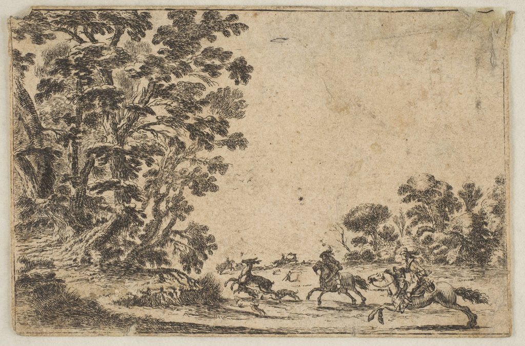 Detail of Plate 4: a deer hunt, two horsemen galloping towards the rightbehind three dogs and …, after 1642 by Stefano della Bella/Unknown