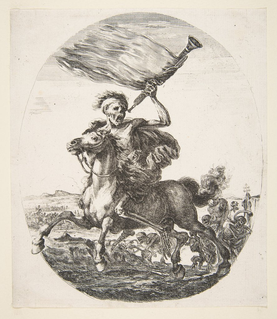 Detail of Death on horseback holding a trumpet, from 'The five deaths', ca. 1648 by Stefano della Bella