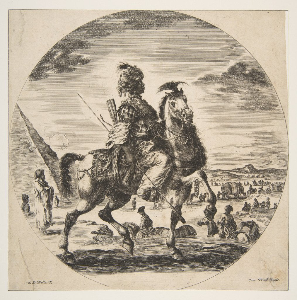 Detail of Moorish horseman in profile facing right, in the background a pyramid at left, many fi…, ca. 1651 by Stefano della Bella