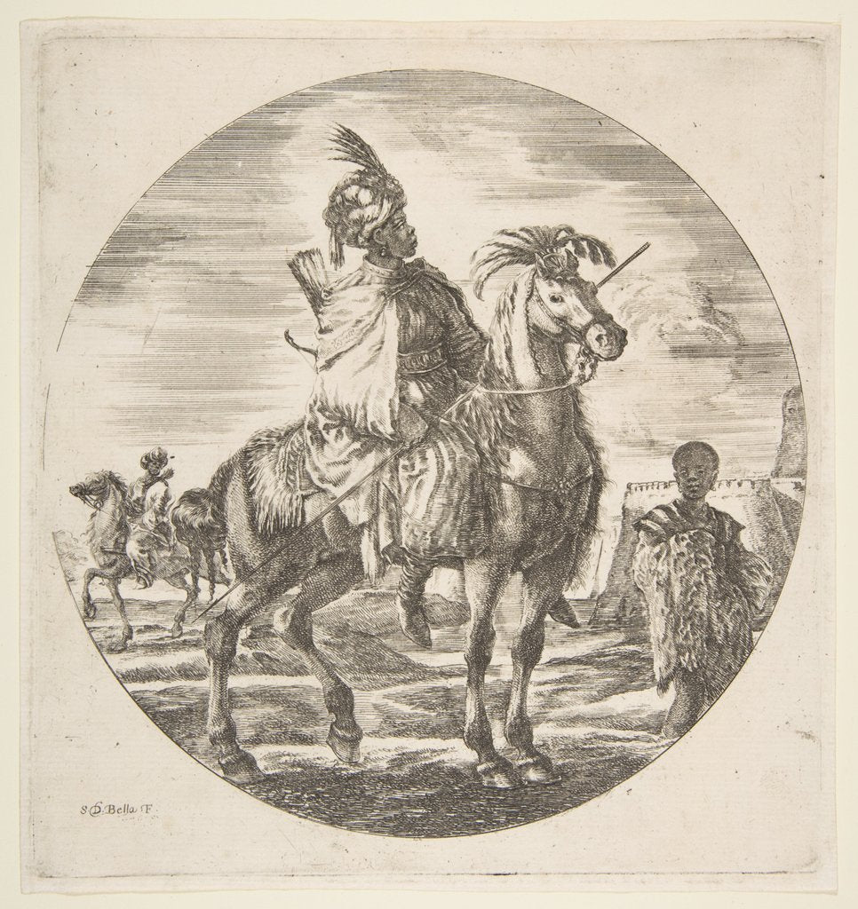 Detail of Moorish horseman in profile facing right, a black slave holding a fur at right, anothe…, ca. 1651 by Stefano della Bella