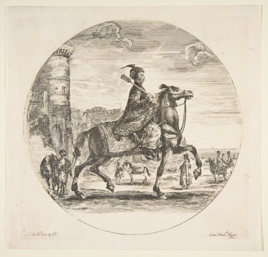 Detail of Polish horseman in profile facing right, a tower and other figures on horses in backgr…, ca. 1651 by Stefano della Bella
