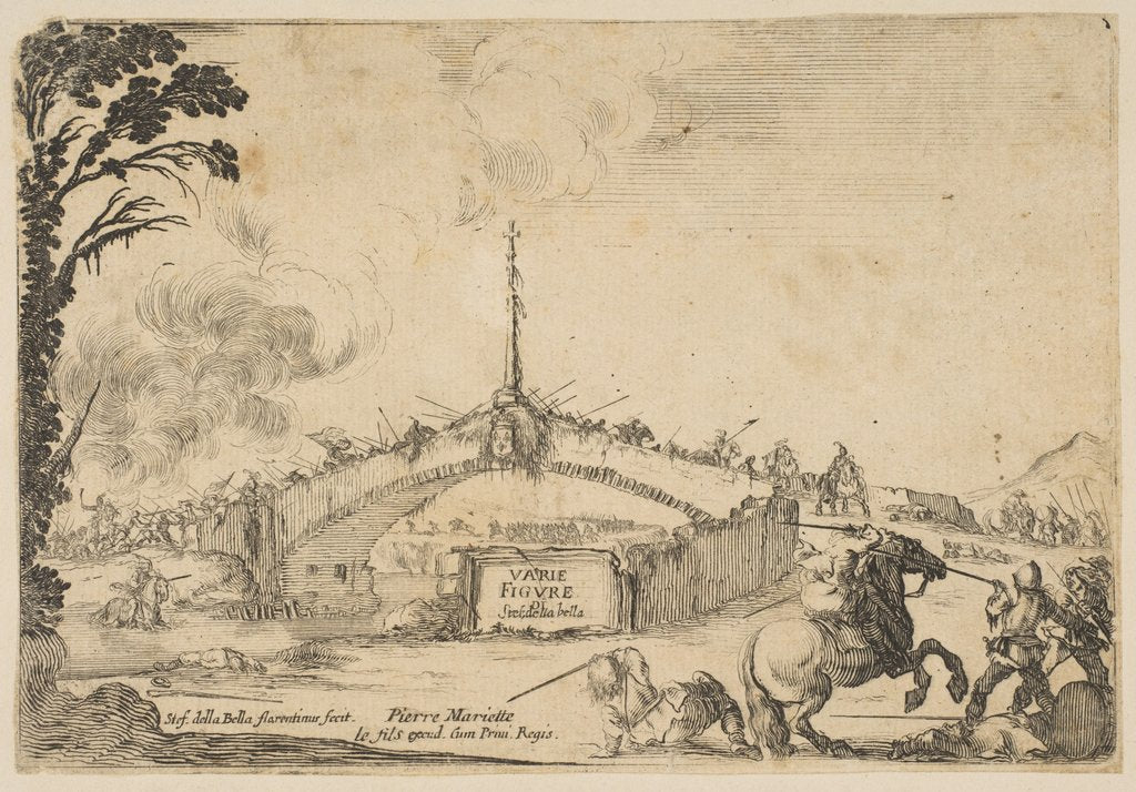 Detail of Combat on a bridge, a horseman and two footsoldiers battle with swords at bottom right…, ca. 1645 by Stefano della Bella