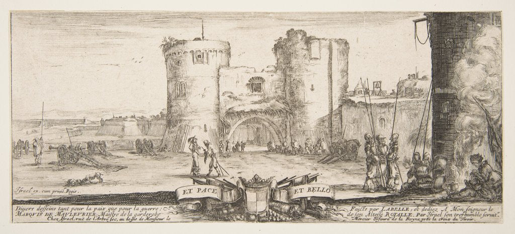 Detail of An entrance to a fortress in center, a woman with child seated by a fire to right, sol…, ca. 1641 by Stefano della Bella