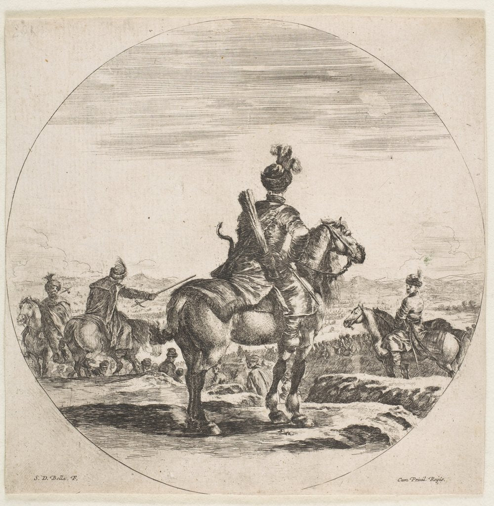 Detail of Polish horseman with a bow and arrow, seen from behind with his horse facing right, a …, ca. 1651 by Stefano della Bella