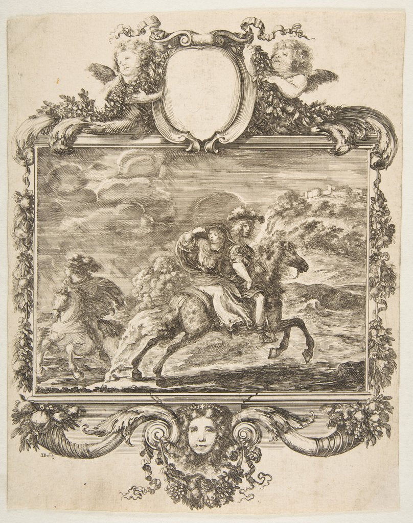 Detail of A cavalier and a lady on horseback, within an ornate border decorated with fruit and c…, ca. 1655 by Stefano della Bella
