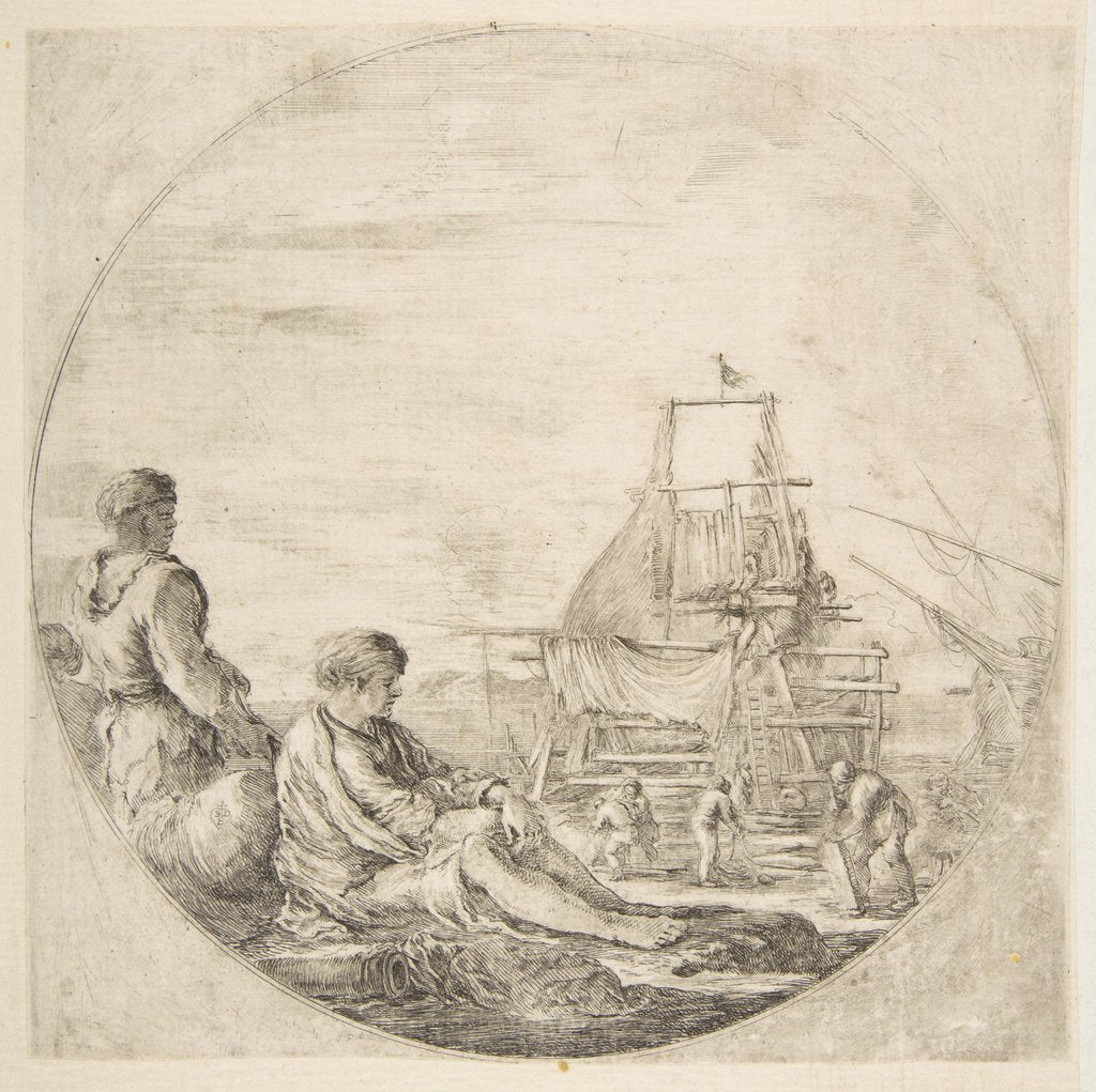 Detail of A seated white sailor and a standing black sailor, people building a ship in the backg…, ca. 1660 by Stefano della Bella