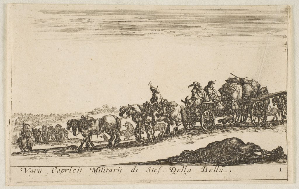 Detail of Plate 1: a horse drawn cart carrying people and goods, dead horse in the foreground, f…, ca. 1641 by Stefano della Bella