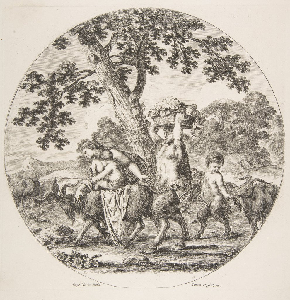 Detail of Satyr family walking towards the left with two goats and a basket of grapes, ca. 1657 by Stefano della Bella