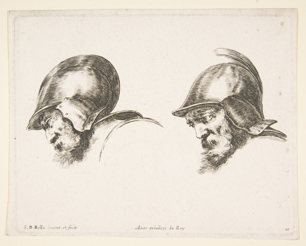 Detail of Plate 10: two heads of old soldiers wearing helmets, both facing left and looking down…, ca. 1641 by Stefano della Bella