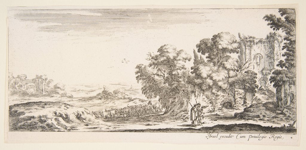 Detail of Plate 4: two pilgrims observing ruins to right, one pointing towards the right, a shep…, ca. 1641 by Stefano della Bella