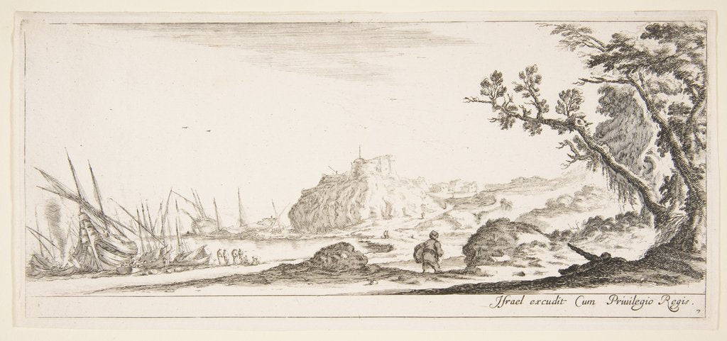 Detail of Plate 7: various boats on shore to left, a man carrying a bag, seen from behind and wa…, ca. 1641 by Stefano della Bella