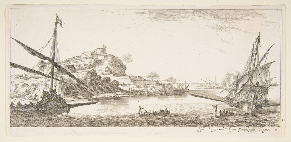 Detail of Plate 8: A the bow of a galley at left and another galley at right, seen from behind…, ca. 1641 by Stefano della Bella