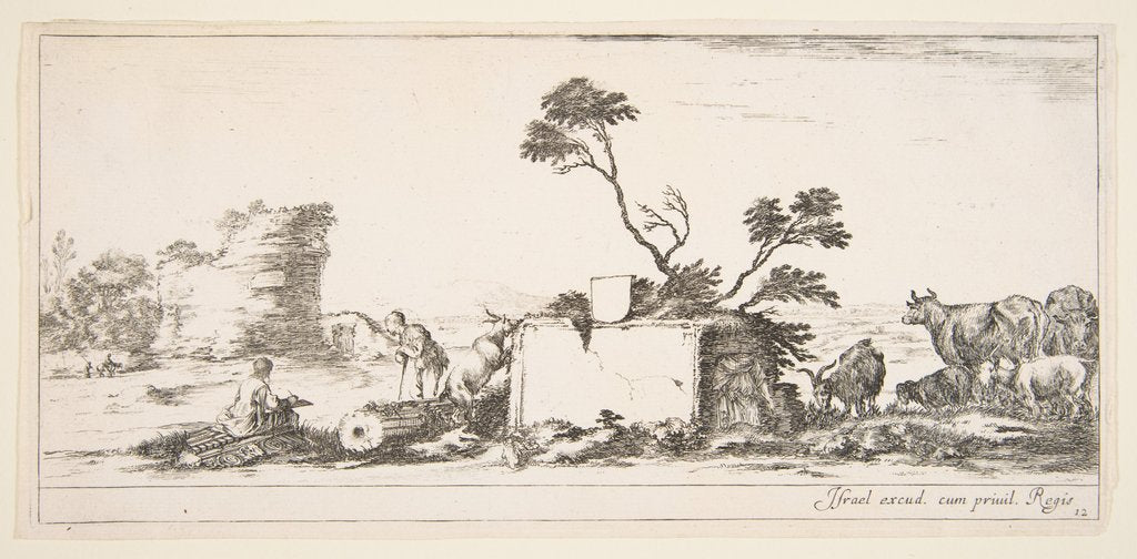 Plate 12: a seated draughtsman to left, a standing shepherd next to him to right, ruin…, ca. 1641 by Stefano della Bella