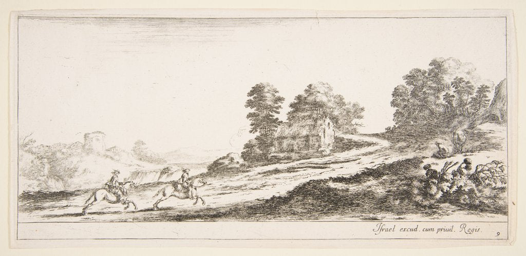 Detail of Plate 9: two horsemen at left galloping uphill towards the right, a horse and seated m…, ca. 1641 by Stefano della Bella