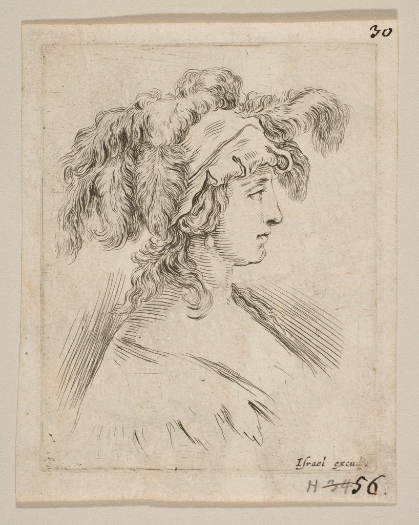 Detail of Plate 15: mid-bust of a young woman in profile wearing a hat topped with feathers, fro…, ca. 1649 by Stefano della Bella