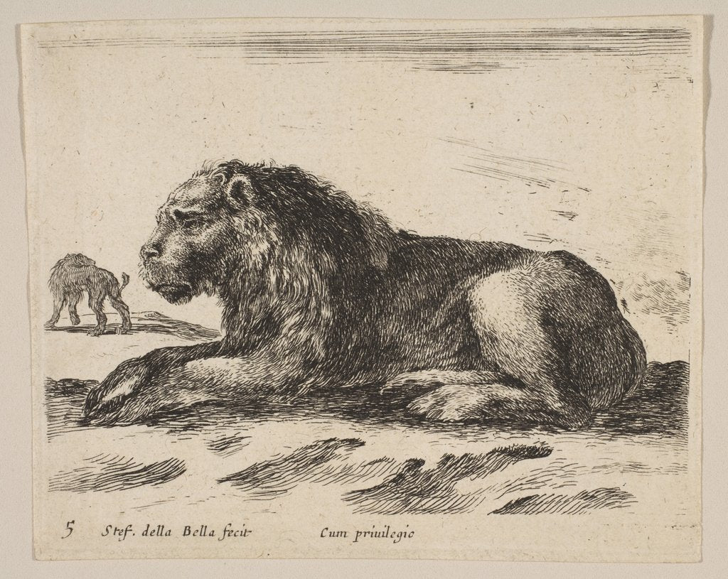 Detail of Plate 5: reclining lion, from 'Various animals', ca. 1641 by Stefano della Bella