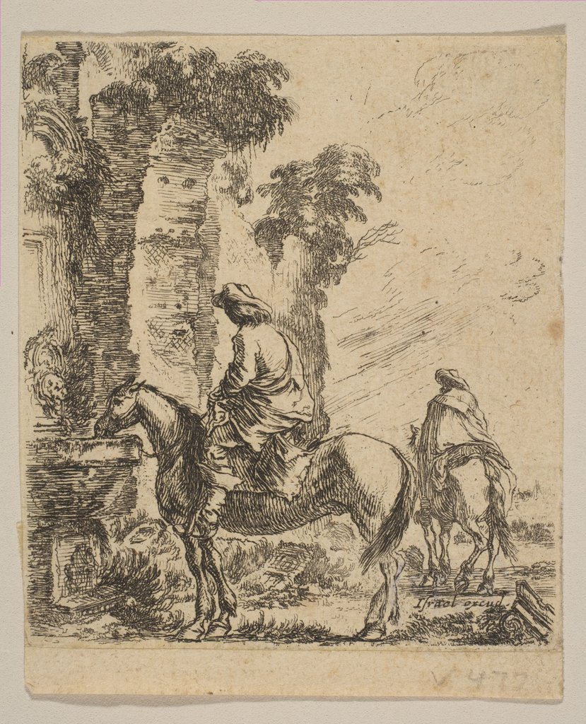 Detail of Plate 19: Landscape with a Cavalier Watering His Horse at a Fountain, from 'Various fi…, ca. 1646 by Stefano della Bella
