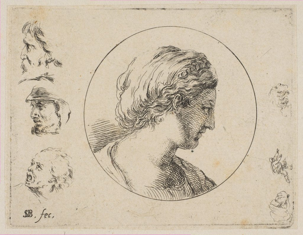 Detail of Plate 4: Head of a Woman in Profile, from 'Second collection of various doodles and et…, ca. 1646 by Stefano della Bella