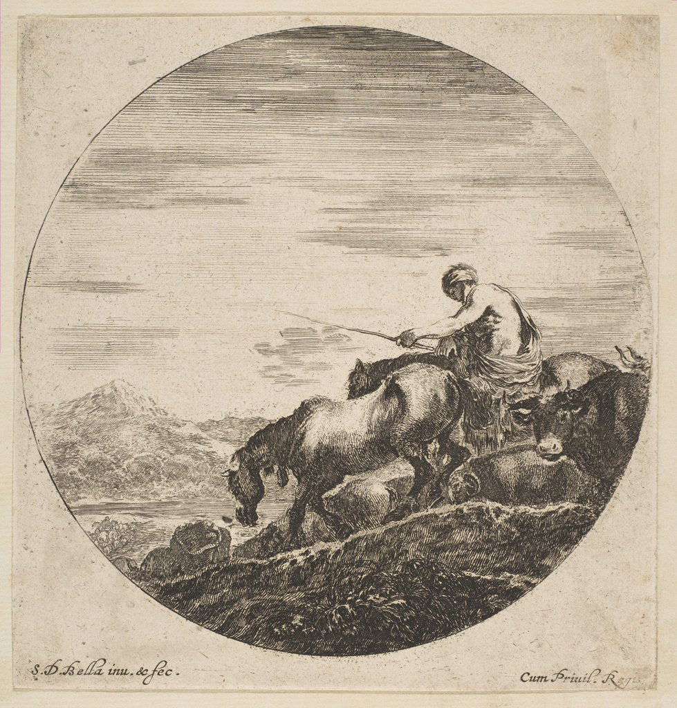 Detail of Herdsman on horseback drives animals, from 'Six animal subjects', ca. 1646 by Stefano della Bella
