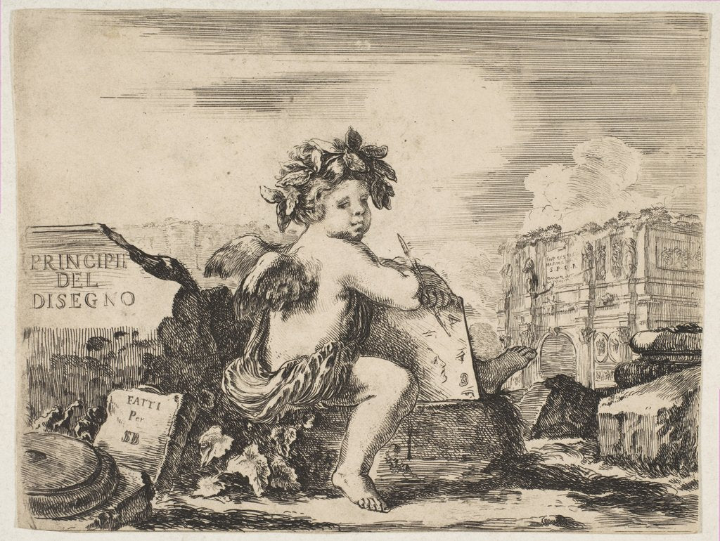 Detail of Plate 1: the genius of drawing, a child with wings, seated on a rock in center turn…, ca. 1641-43 by Stefano della Bella