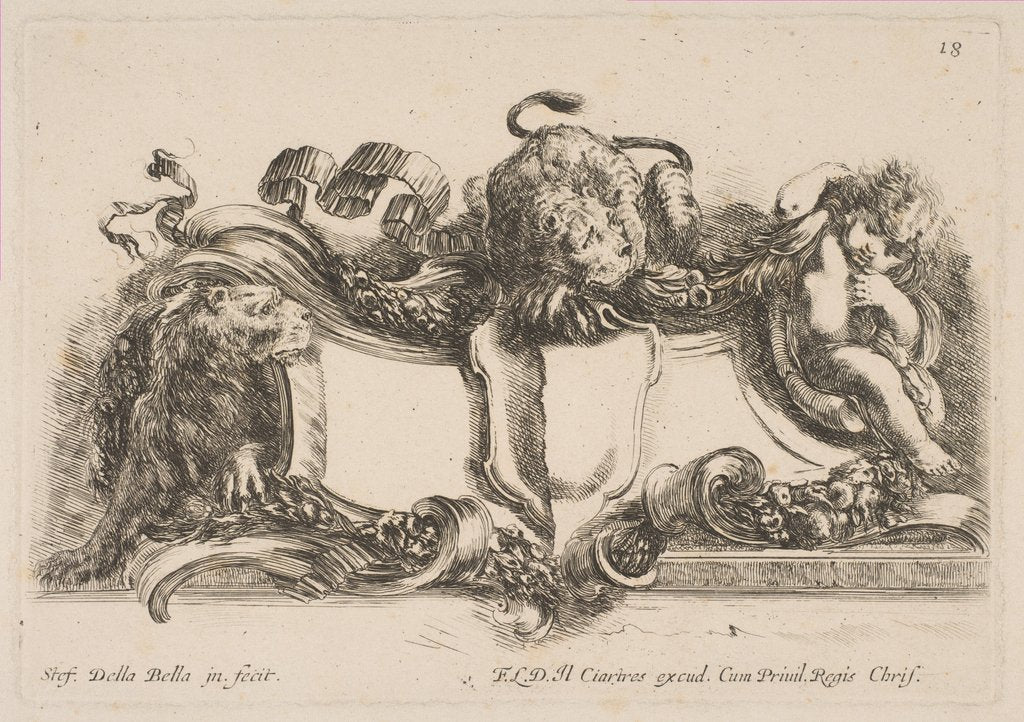 Detail of Cartouche Containing an Empty Shield Surmounted by a Lion and Framed by a Lion and a Child, 1646 by Stefano della Bella