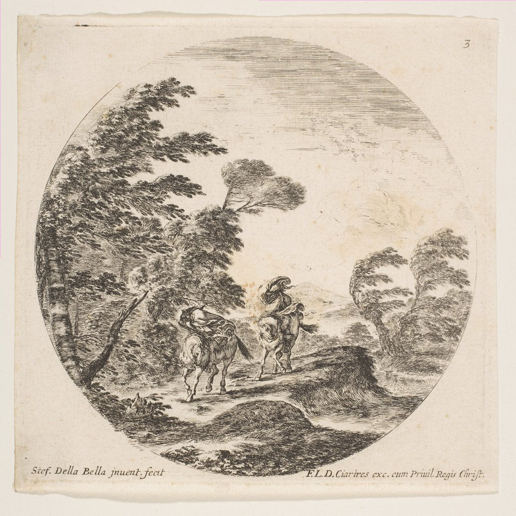 Detail of Plate 3: a gale in the forest, two horsemen wrapped in their cloaks, with the wind blo…, ca. 1646 by Stefano della Bella