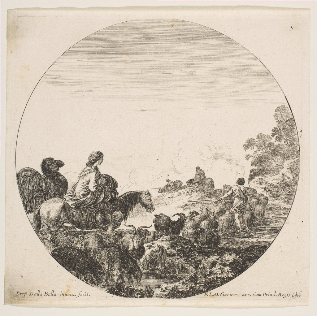 Detail of Plate 5: a woman carrying a child on a horse at left, a camel following her, a herd of…, ca. 1646 by Stefano della Bella