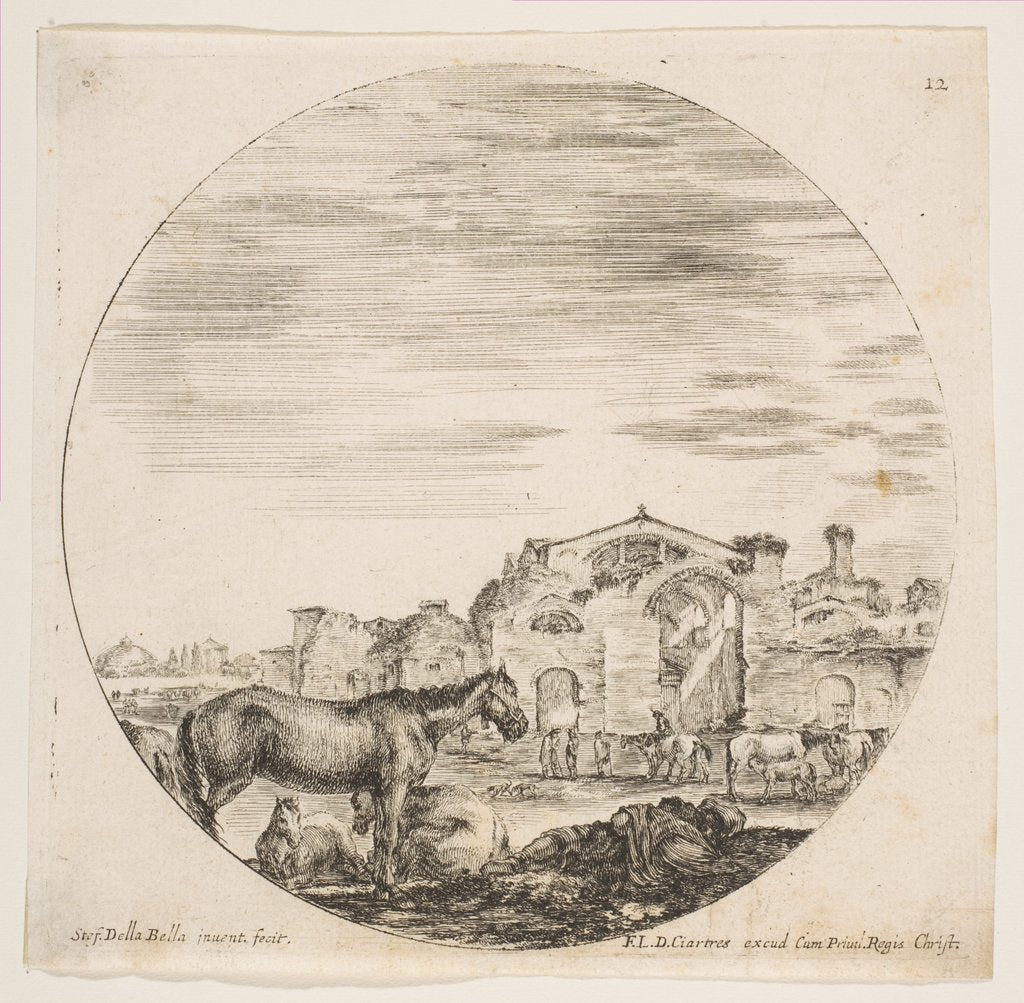 Detail of Plate 12: a shepherd sleeping on the ground at right, three horses at left, other hors…, ca. 1646 by Stefano della Bella