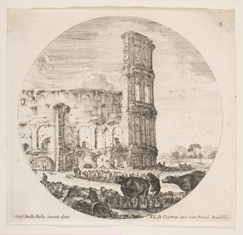 Detail of Plate 8: the Colosseum, two herds being directed towards the amphitheater in the foreg…, ca. 1646 by Stefano della Bella