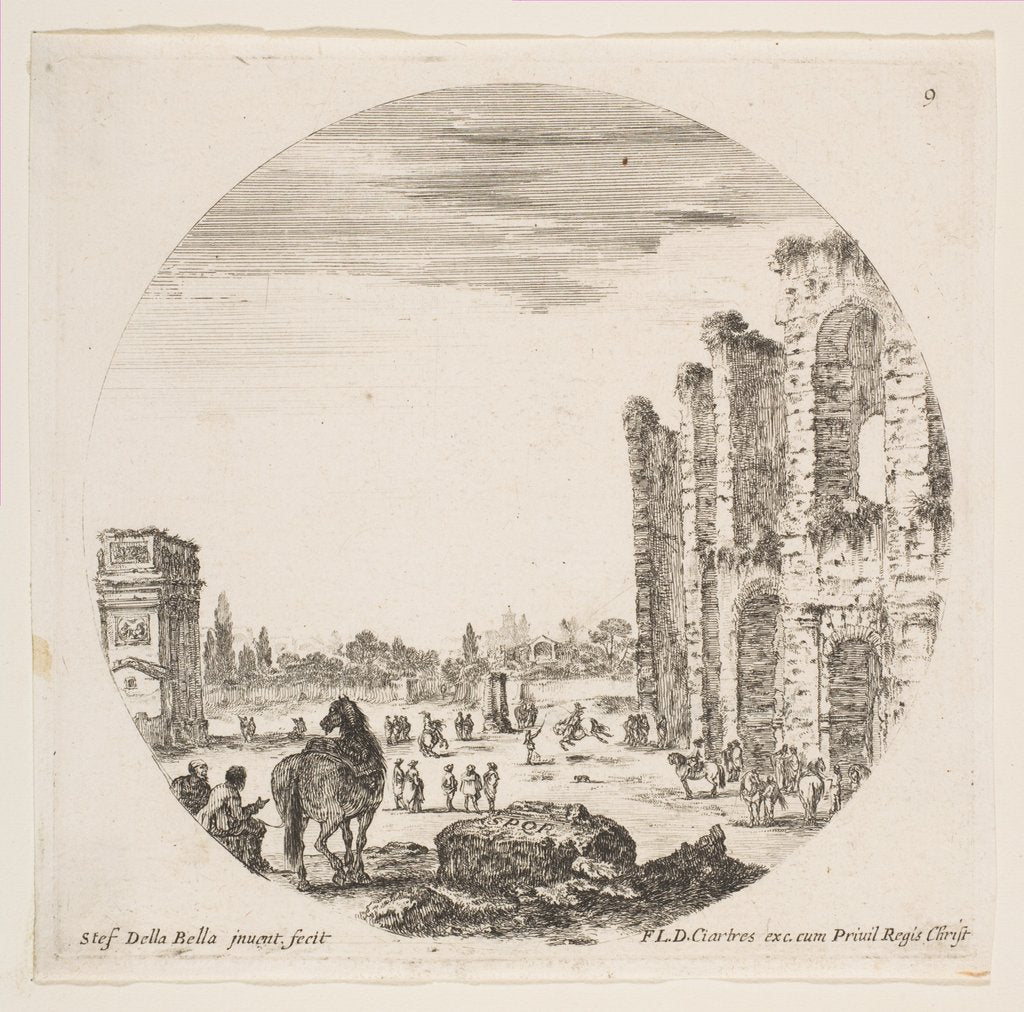 Detail of Plate 9: the Arch of Constantine at left, part of the Colosseum at right, various hors…, ca. 1646 by Stefano della Bella