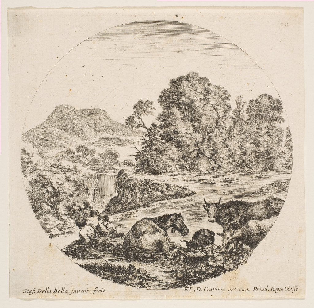 Detail of Plate 10: a horse lying down at center, a cow and two goats at right, two seated sheph…, ca. 1646 by Stefano della Bella