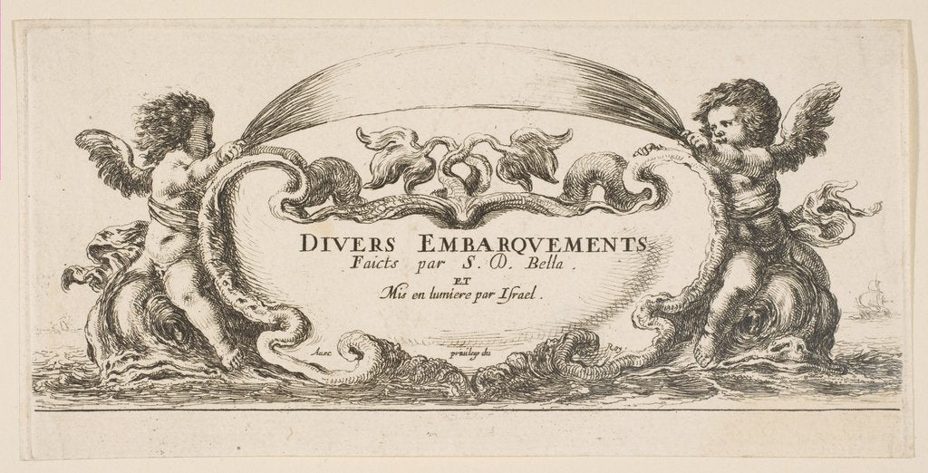Detail of Frontispiece: cartouche at center, putti on either side riding on dolphins, from 'V…, ca. 1646-47 by Stefano della Bella
