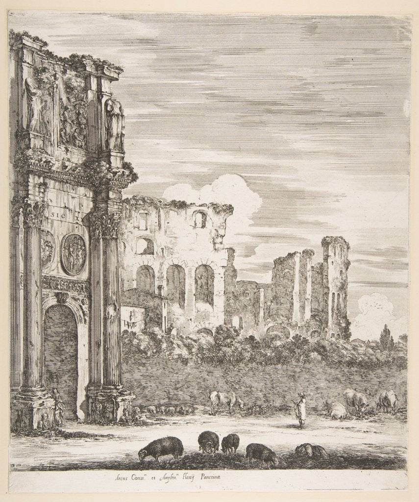 Detail of Arch of Constantine and Colosseum with sheep grazing in foreground, from 'Six large views…, 1656 by Stefano della Bella