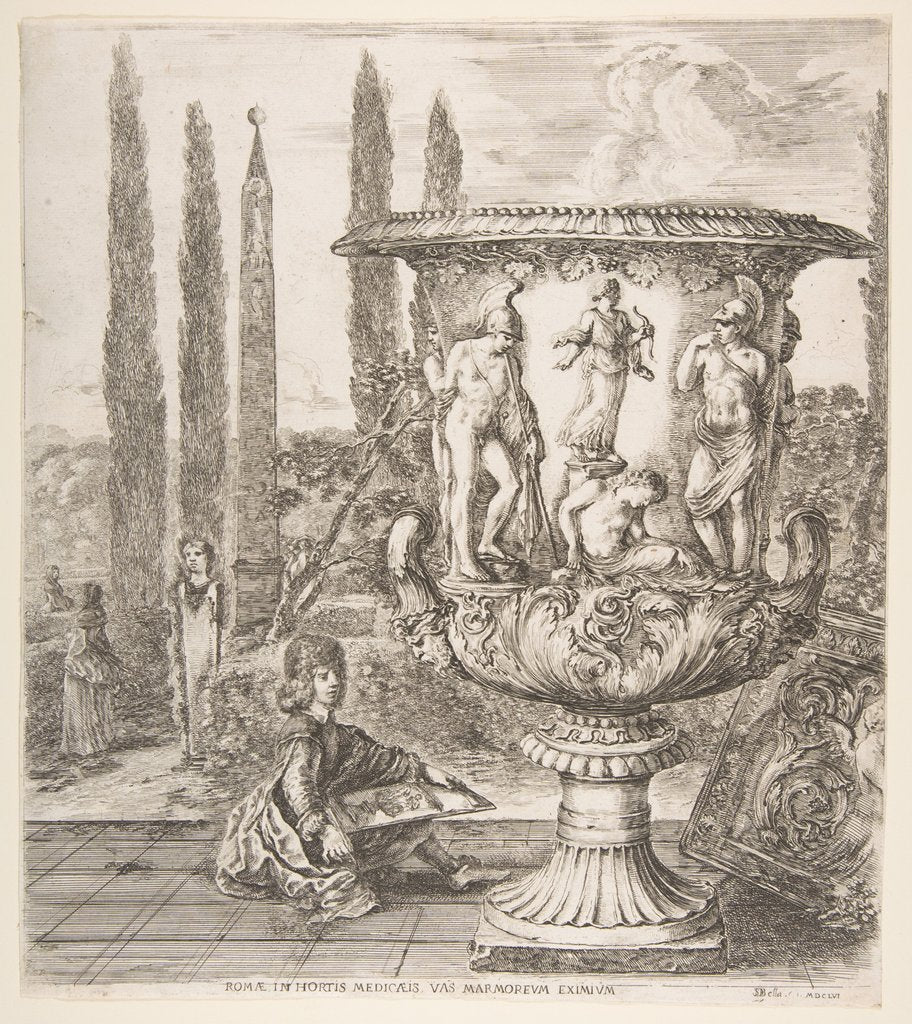 Detail of The Medici vase, a large vase to right decorated with a representation of the sacrifice of…, 1656 by Stefano della Bella