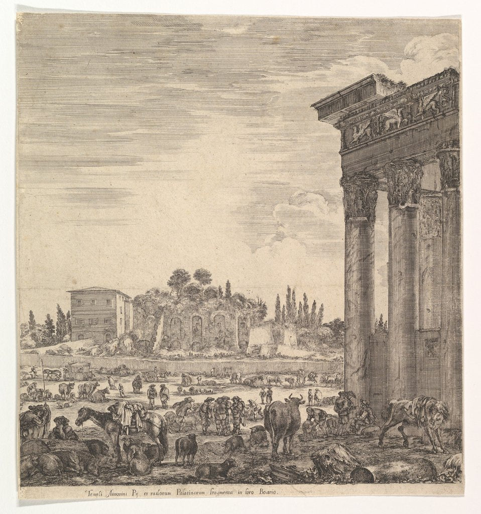Detail of The columns of the Temple of Antoninus to right, a part of the Campo Vaccino in center and…, 1656 by Stefano della Bella