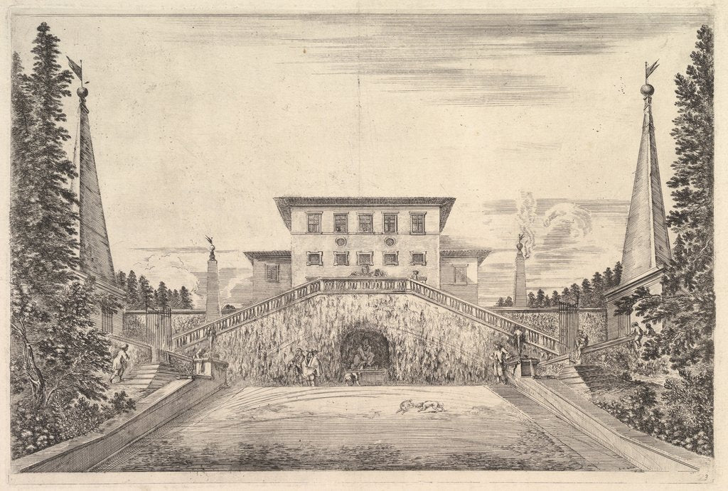 Detail of The villa at center flanked by four obelisks, a staircase to either side, a statue in …, ca. 1653 by Stefano della Bella