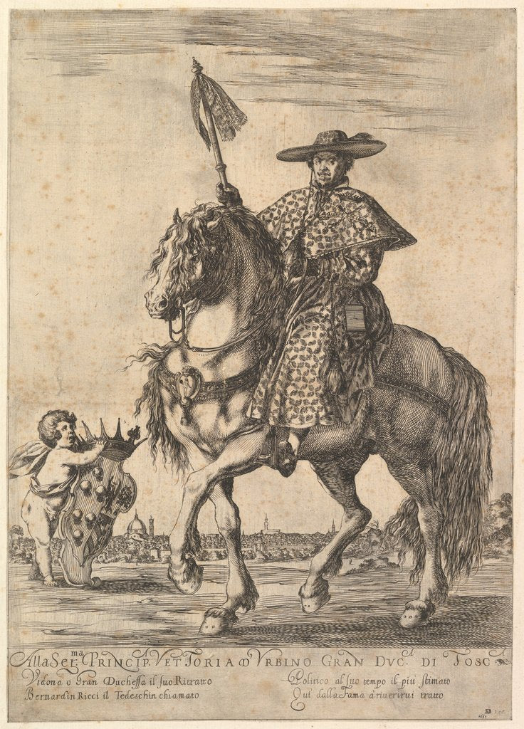 Detail of Bernardino Ricci, called il Tedeschino, atop a horse in center, riding towards the left, w…, 1637 by Stefano della Bella