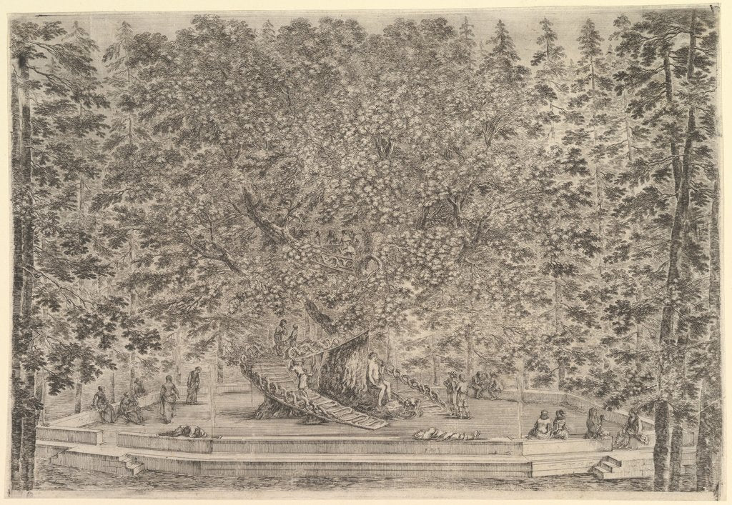 Detail of A large inhabited tree in center with ramps leading around the trunk, below a stone pa…, ca. 1653 by Stefano della Bella