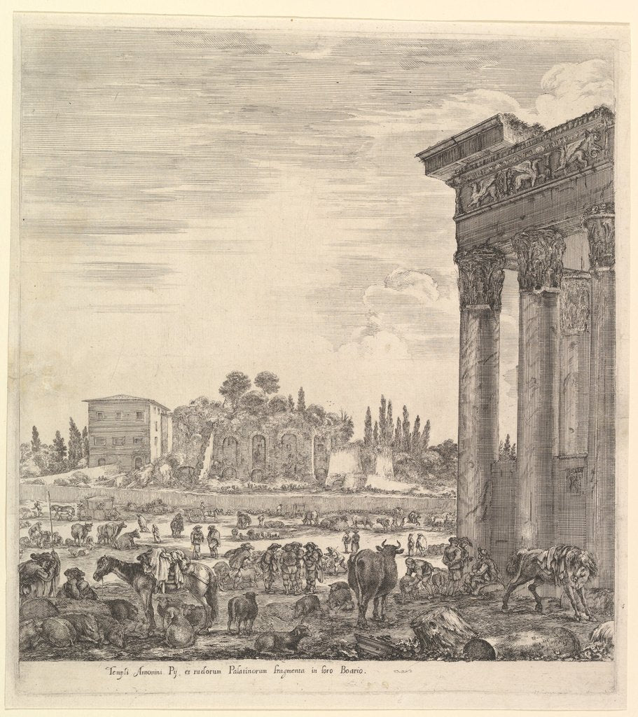 Detail of The columns of the Temple of Antoninus to right, a part of the Campo Vaccino in center and…, 1656 by Stefano della Bella
