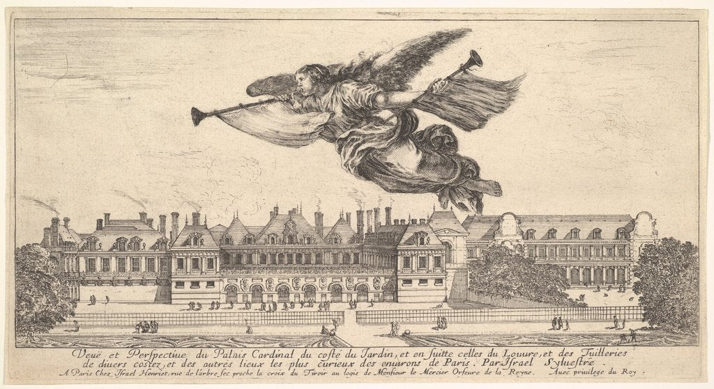 Detail of View of the Palais Cardinal, the figure of Fame at top center flying towards the left a…, 1649-51 by Stefano della Bella