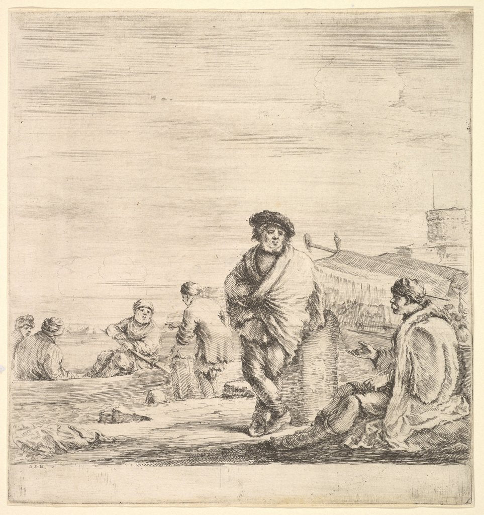 Detail of Standing sailor in center talking to a seated Levantine man to left, seen in profil…, ca. 1658-63 by Stefano della Bella