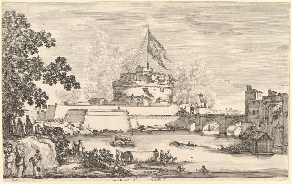 Detail of View of the Tiber river, a large tree to left, two groups of women to left in the fore…, ca. 1656 by Stefano della Bella