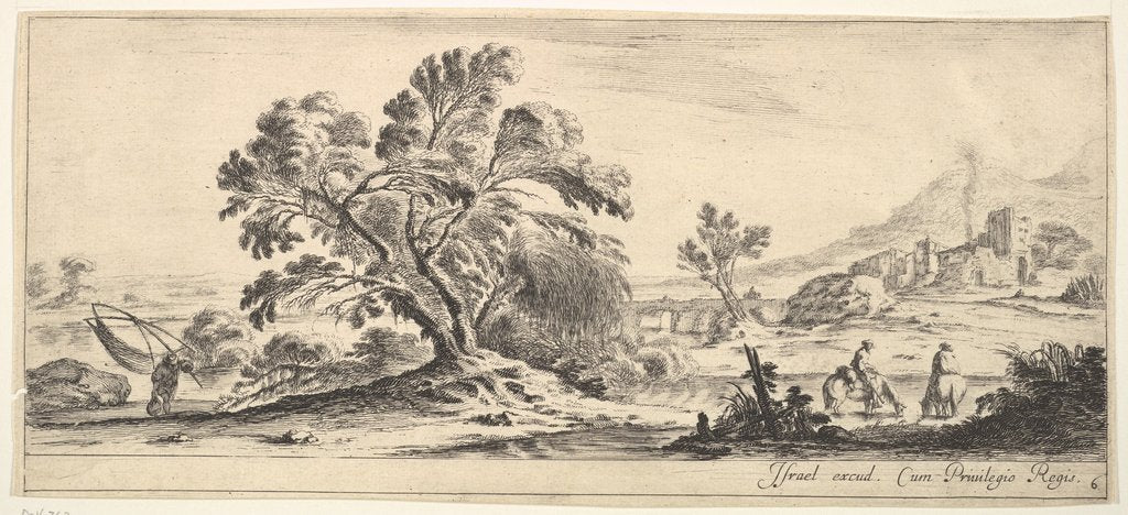 Detail of Plate 6: a fisherman carrying a net to left, two horsemen in a stream to right, a tree…, ca. 1641 by Stefano della Bella
