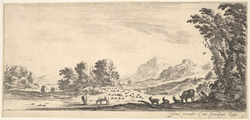 Detail of Plate 11: shepherdess seated to the right under a tree, watching her flock to the left…, ca. 1641 by Stefano della Bella