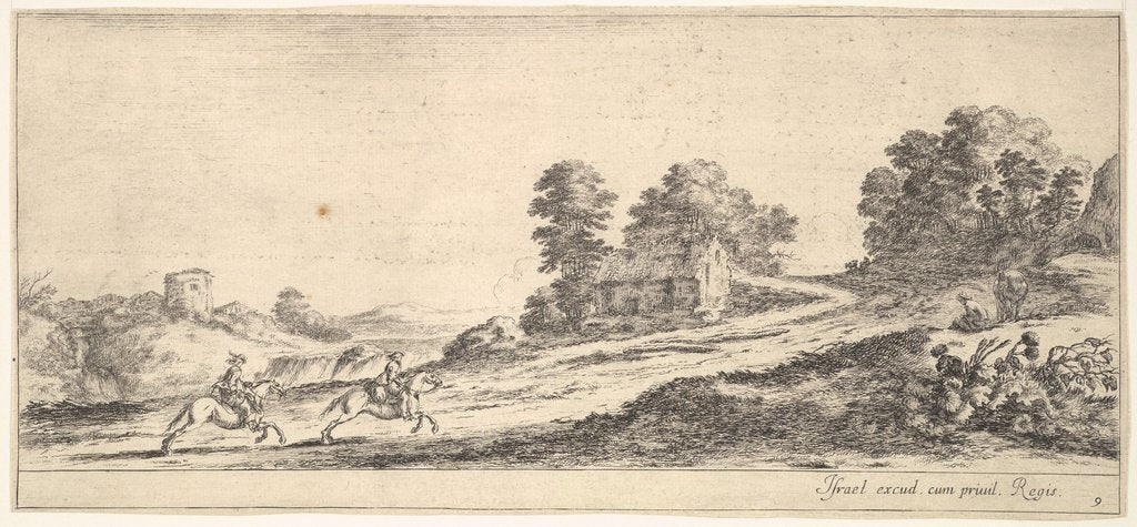 Detail of Plate 9: two horsemen at left galloping uphill towards the right, a horse and seated m…, ca. 1641 by Stefano della Bella