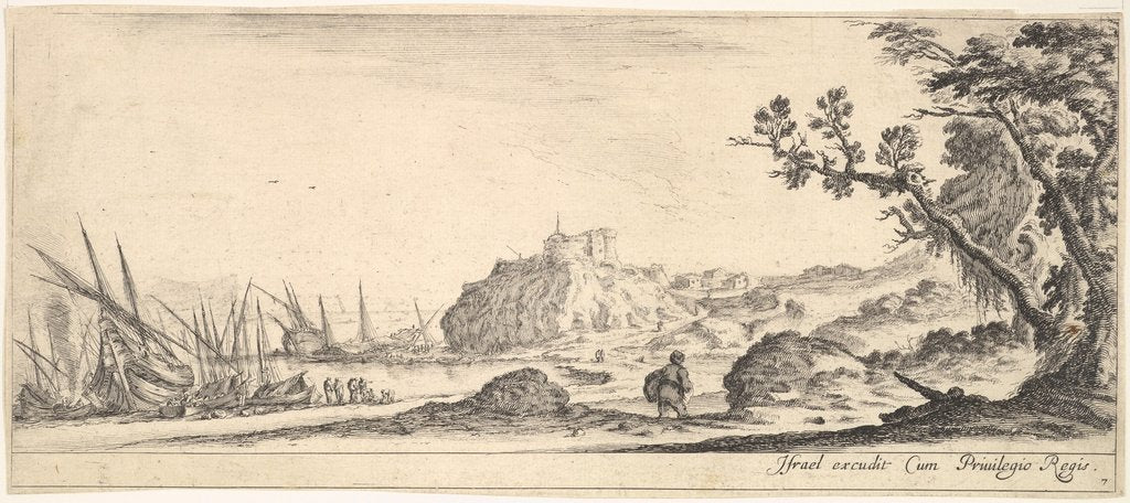 Detail of Plate 7: various boats on shore to left, a man carrying a bag, seen from behind and wa…, ca. 1641 by Stefano della Bella