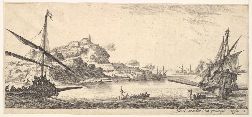 Detail of Plate 8: A the bow of a galley at left and another galley at right, seen from behind…, ca. 1641 by Stefano della Bella