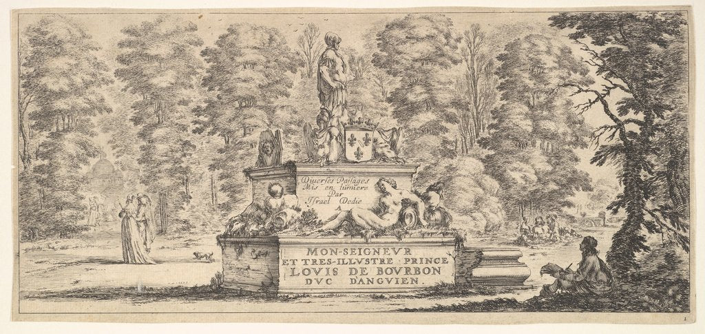 Detail of Plate 1: a monument with statues and a coat of arms in the center, a draughstman on th…, ca. 1641 by Stefano della Bella