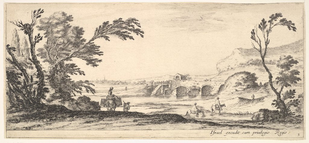 Detail of Plate 3: two horsemen crossing a river to right, a woman with two baskets atop a donke…, ca. 1641 by Stefano della Bella