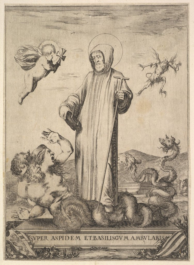 Detail of Saint Jean Gualbert trampling a monster with two human heads and a serpentine body, a flyi…, 1640 by Stefano della Bella